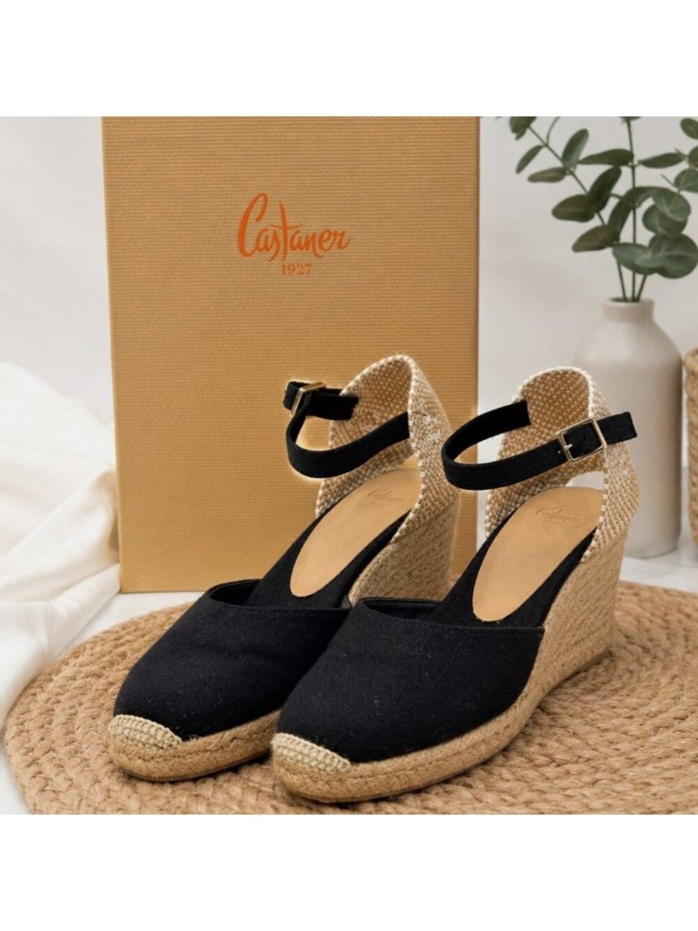 Castaner Carol Espadrille Wedge Sandals Womens EU 38 Black Canvas Ankle Strap